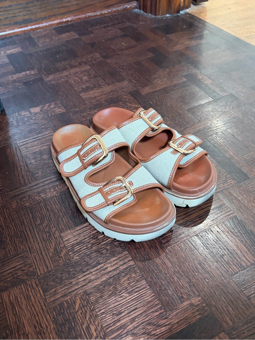 H&M Tan and White Double-Buckle Slide Sandals